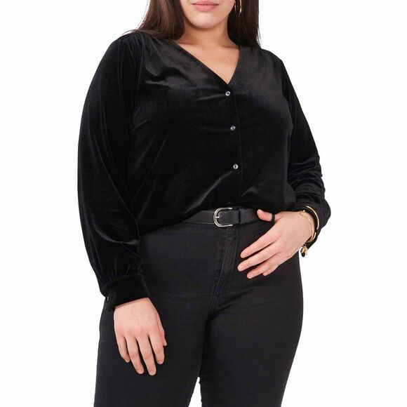 1. State V-Neck Velvet Button Front Top Rich Black - Picture 2 of 3